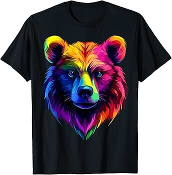 Amazon | カラフル クマの顔 野生動物好き 男性 女性 黒 Tシャツ